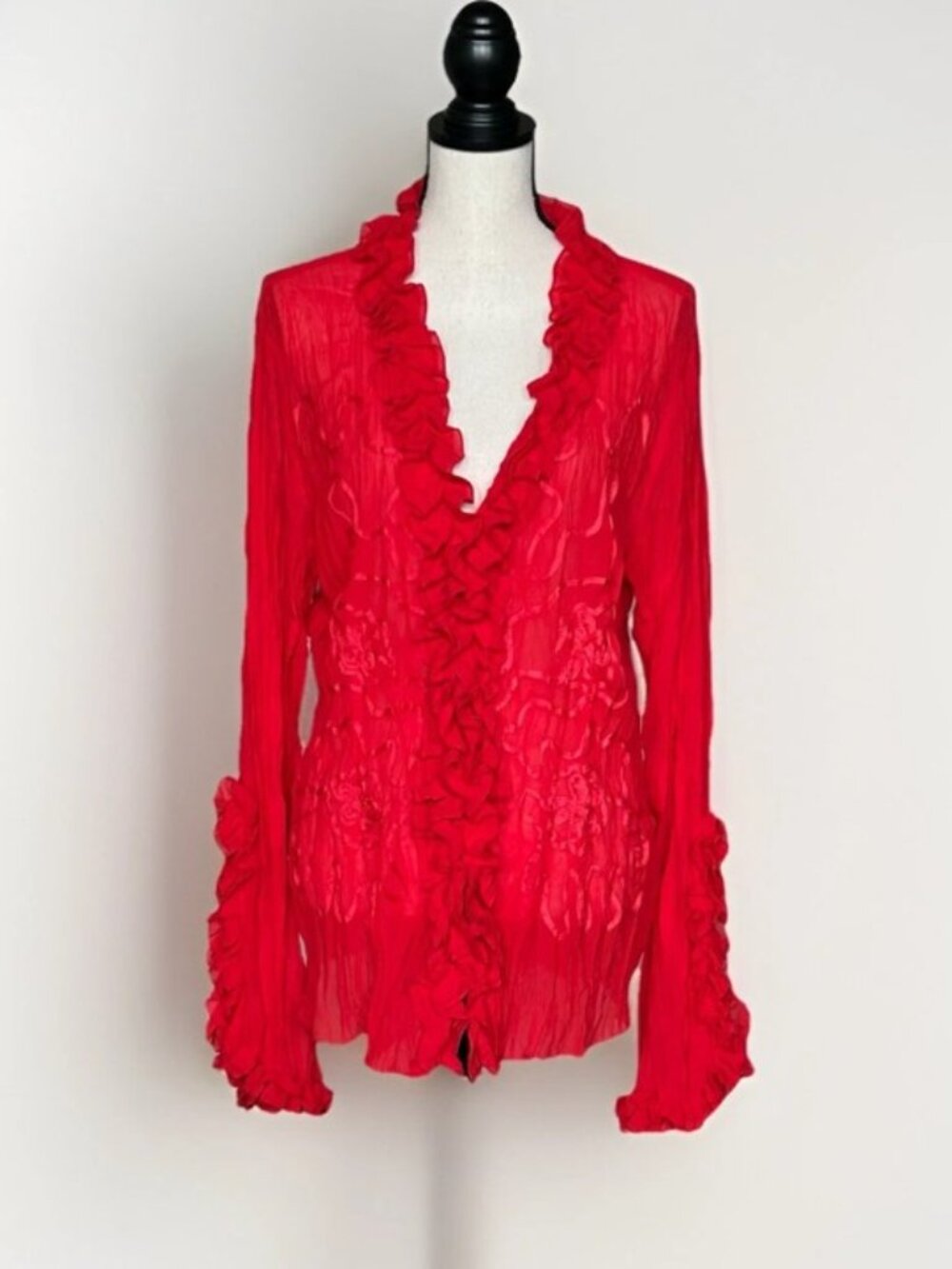 Kaelyn Max Red Romantic Crinkle Tunic Blouse Trumpet Sleeve Ruffle 1X Chic